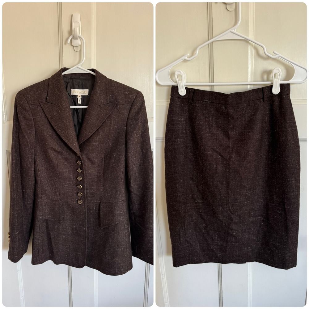 Escada dark brown virgin wool & linen blazer & skirt set